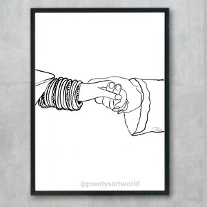 May include: A black and white line drawing of two hands holding each other. One hand is adorned with multiple bangles. The drawing is signed with the artist's name and includes the social media handle @preetyartworld.