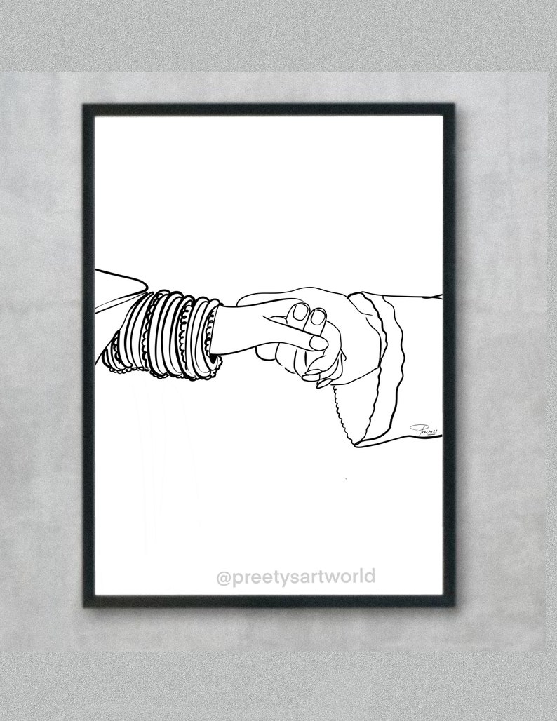 May include: A black and white line drawing of two hands holding each other. One hand is adorned with multiple bangles. The drawing is signed with the artist's name and includes the social media handle @preetyartworld.