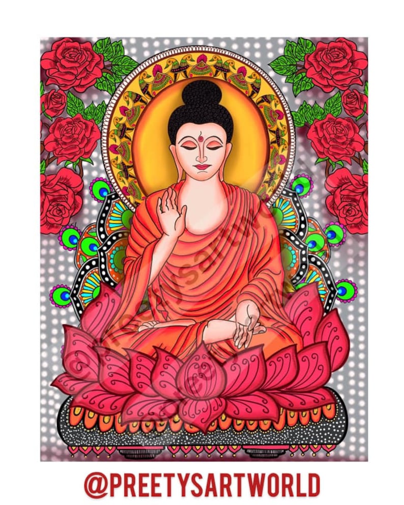 May include: A colorful illustration of Buddha sitting in a lotus position with his right hand raised in a gesture of blessing. The background features a mandala design with peacocks and roses.
