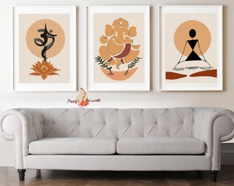 Set Of 3 Ganesha OM wall décor Indian Art Prints I Hindu elephant god art I Aesthetic room décor I Indian elephant art I Minimalist Wall Art