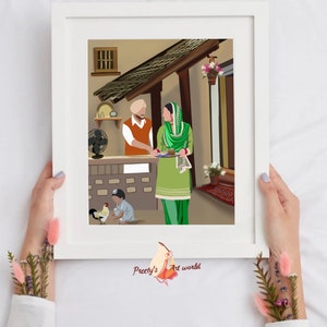 May include: A digital illustration of a family in a traditional Indian home. A man in a turban and orange shirt is talking to a woman wearing a green salwar kameez. A young child is playing with a rooster in the foreground. The image is framed in a white frame with the text "Preeti's Art World" in the bottom right corner.