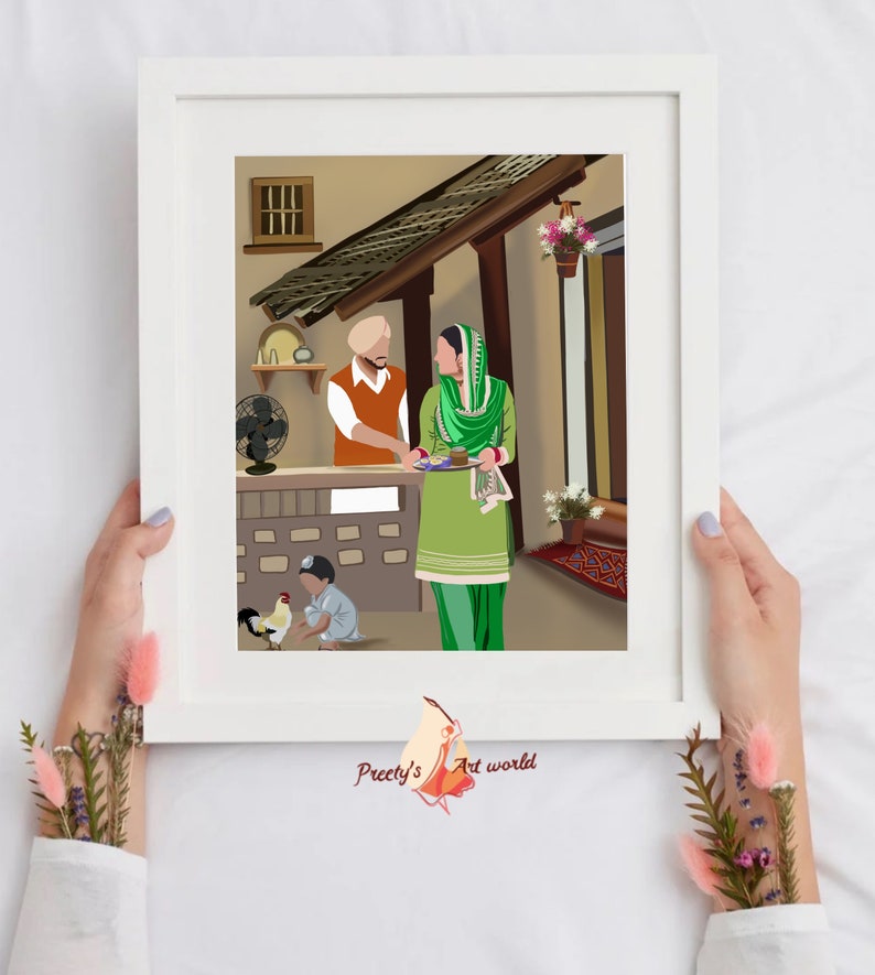 May include: A digital illustration of a family in a traditional Indian home. A man in a turban and orange shirt is talking to a woman wearing a green salwar kameez. A young child is playing with a rooster in the foreground. The image is framed in a white frame with the text "Preeti's Art World" in the bottom right corner.