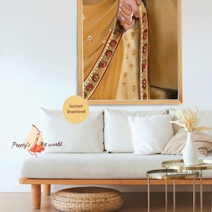 May include: A digital painting depicting a couple's hands clasped together. The woman is wearing a yellow and gold sari with red and gold trim. The man is wearing a brown suit. The painting is framed in a wooden frame.