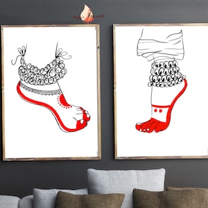 Set di 2 piedi di ballerini Kathak maschili e femminili Poster con disegno a una linea I Silhouette indiana Decorazione da parete I Poster di danza con design minimale a una linea
