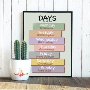 Puede incluir: Un p&oacute;ster enmarcado con los d&iacute;as de la semana en ingl&eacute;s y punjabi. El p&oacute;ster tiene un dise&ntilde;o colorido con cada d&iacute;a de la semana en un color diferente.