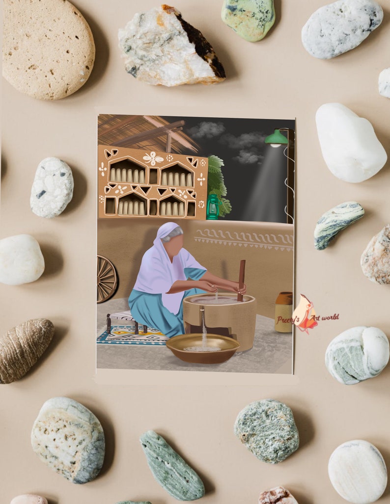 Pu&ograve; includere: Una donna con un velo bianco in testa e un vestito blu sta usando un bastone di legno per battere il burro in una pentola di terracotta. La scena &egrave; ambientata in una casa rustica con uno scaffale di legno e una lanterna appesa al muro. Il testo "Pretty's Art world" &egrave; visibile nell'angolo in basso a destra.