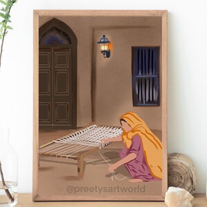 Punjabi Women Making Manja Art  Illustration Print Living room Indian Home Decor I Sikh Wall Art I Village Art