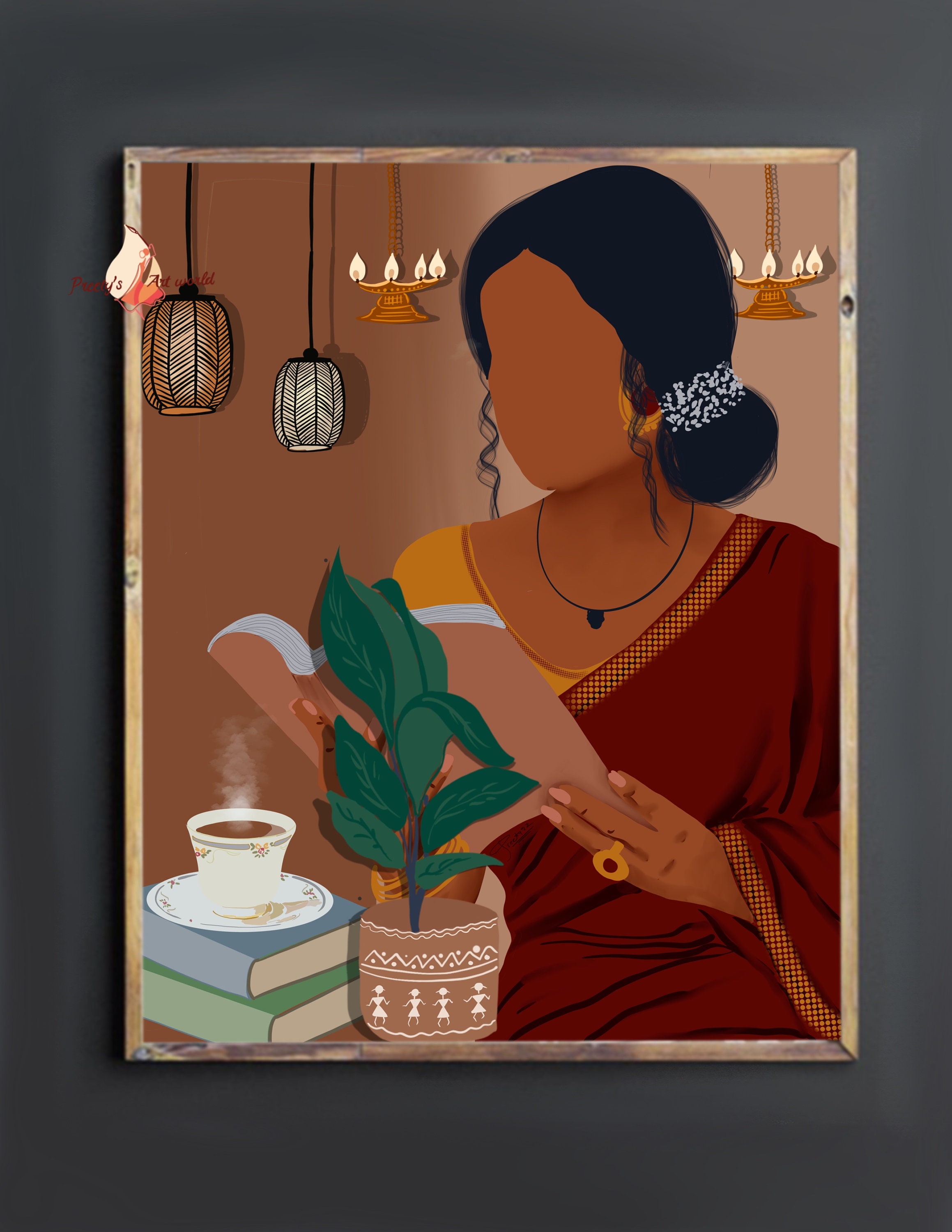 Indian Women in Saree Reading Book Boho Desi Art Illustartion picture
