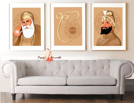 Set Of 3 Golden Borwn Guru Nanak Ji , Guru Gobind Singh Ji & Ek Onkar Art Poster Print Sikh Religious Home Decor I Printable Art