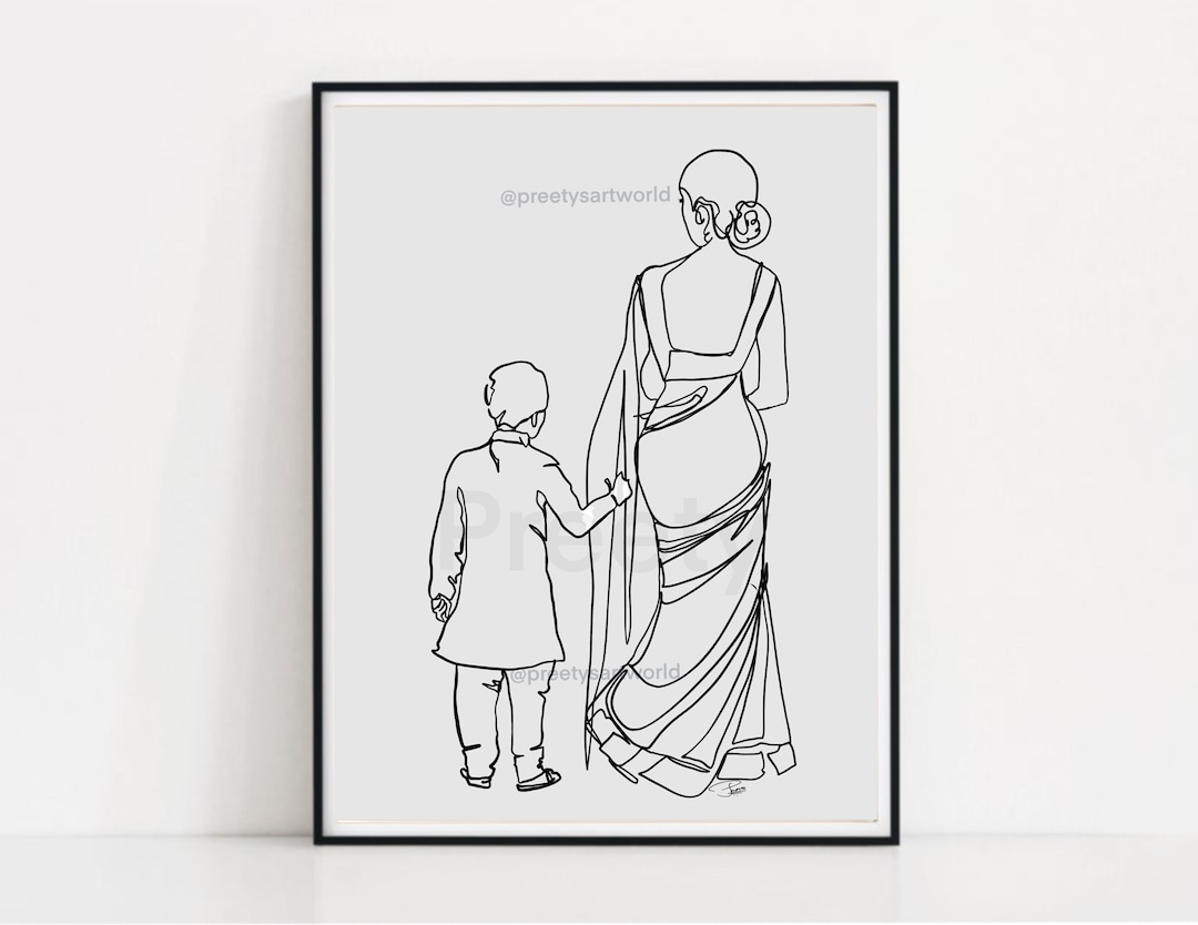 Mom in Saree & Son in Kurta Indian Line Art on Light Gray Background Minimalist Wall Art ...