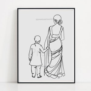 Mom in Saree & Son in Kurta Indian Line Art on Light Gray Background Minimalist Wall Art ...