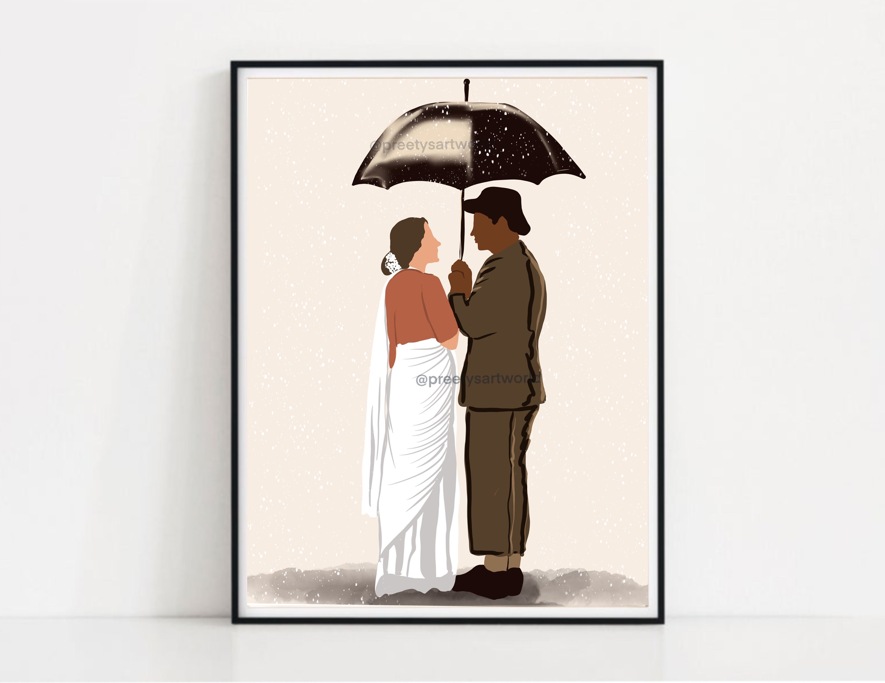 Indian Couple Standing Under Umbrella in Rain Love Romantic