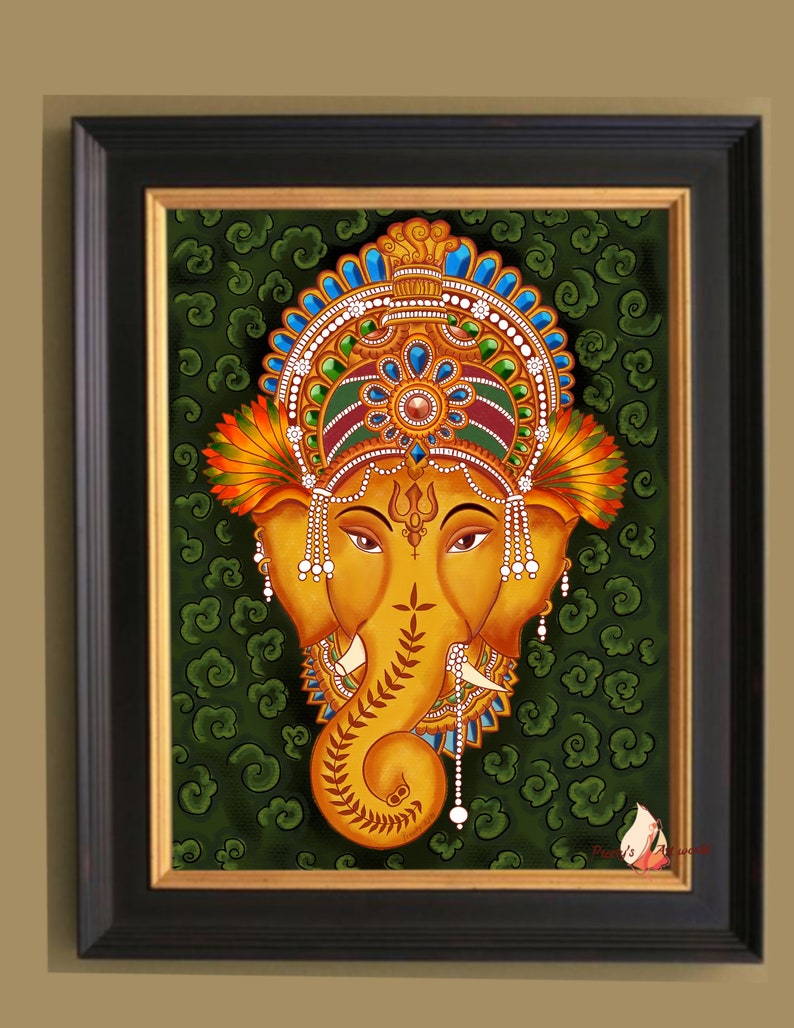 May include: A framed painting of a colorful depiction of the Hindu deity Ganesha. The painting is done in a traditional style with intricate details and vibrant colors. The background is a dark green with swirling patterns.