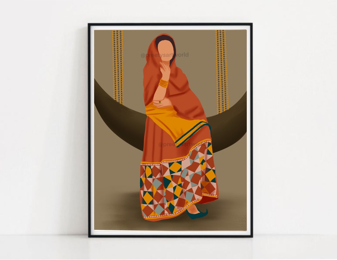 Punjabi Woman in Traditional Dress Art Illustration Poster Print I