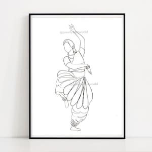 Classical Dancers Line Art I Bharatnatyam Odissi Kathak Indian Décor I Minimalist  Ethnic Black Line drawing Wall Décor