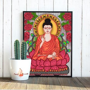 May include: A colorful illustration of Buddha sitting in meditation on a lotus flower. The background is a mandala design with peacocks and roses.