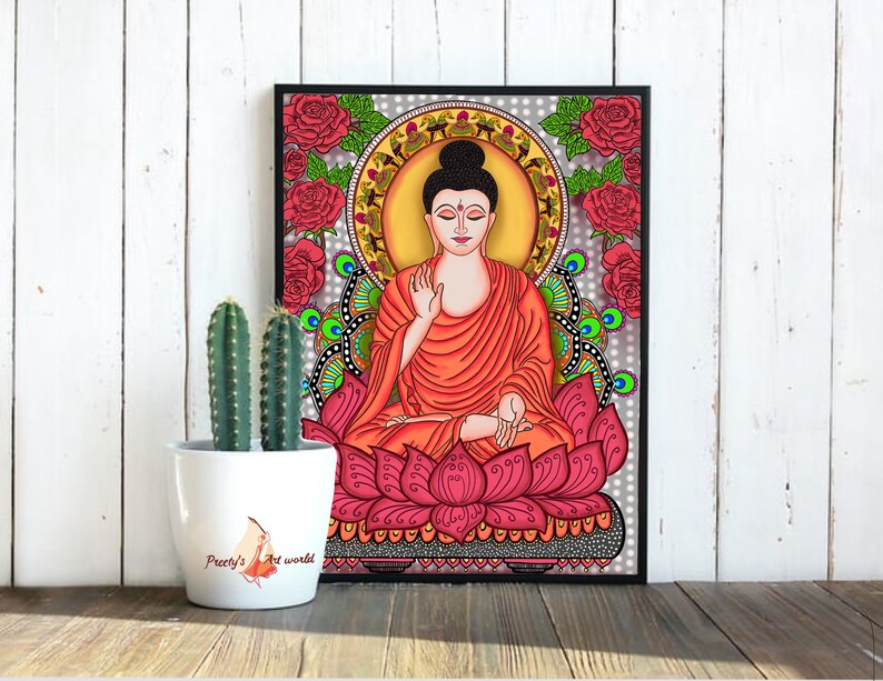 May include: A colorful illustration of Buddha sitting in meditation on a lotus flower. The background is a mandala design with peacocks and roses.