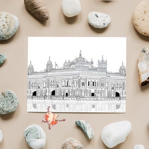 May include: A black and white line drawing of a large, ornate building with a dome and multiple towers. The building is reflected in a pool of water at the bottom of the image. The image is titled "Pretty's Art World".
