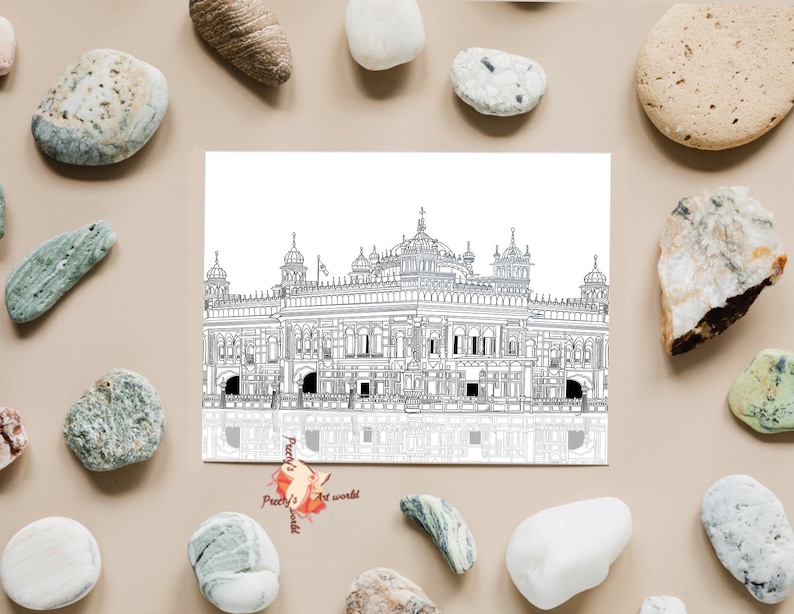 May include: A black and white line drawing of a large, ornate building with a dome and multiple towers. The building is reflected in a pool of water at the bottom of the image. The image is titled "Pretty's Art World".