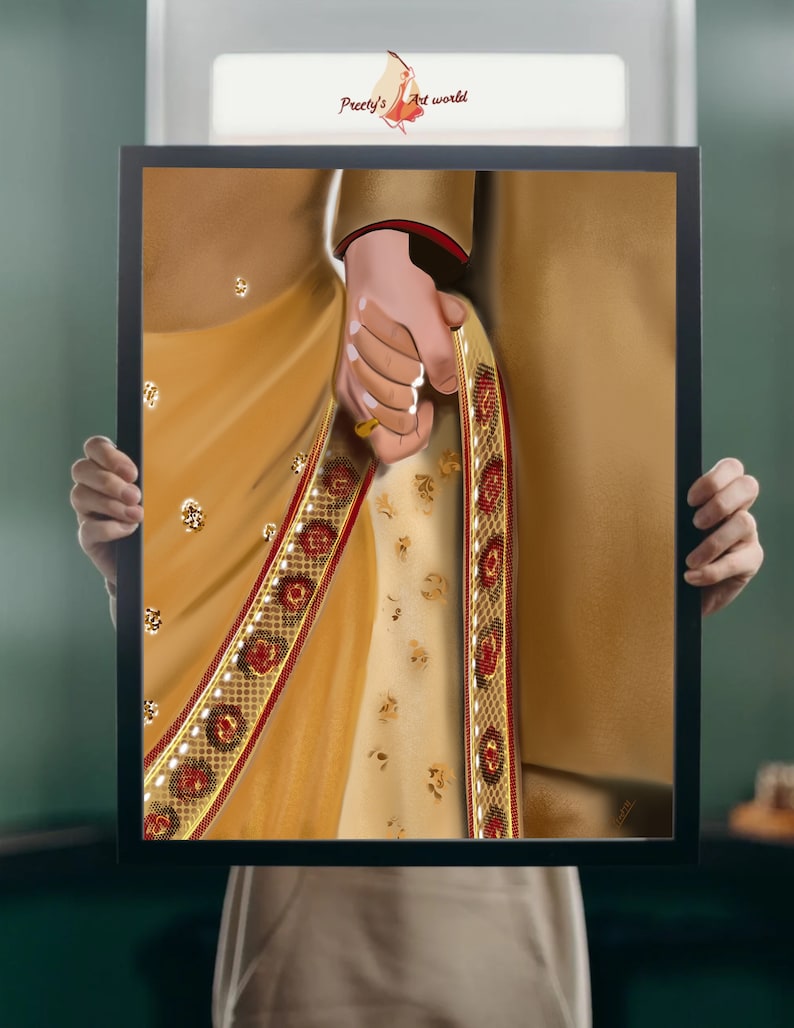May include: A digital painting of a couple holding hands, the woman wearing a gold and red sari and the man wearing a gold sherwani. The painting is framed in black.
