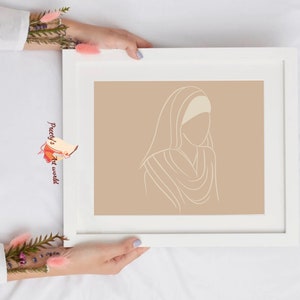 May include: A white frame with a beige background and a line drawing of a person wearing a headscarf. The drawing is in a minimalist style.