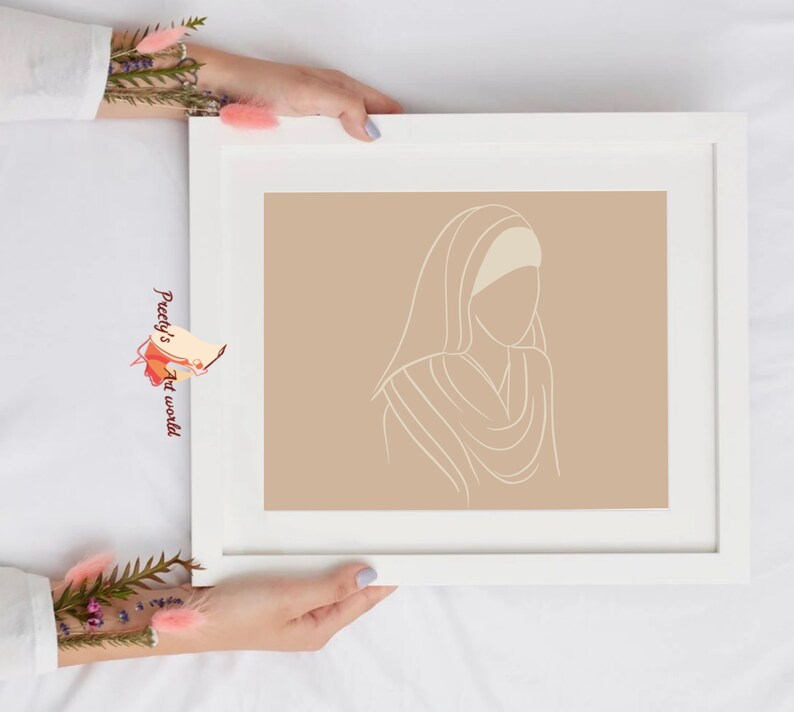 May include: A white frame with a beige background and a line drawing of a person wearing a headscarf. The drawing is in a minimalist style.