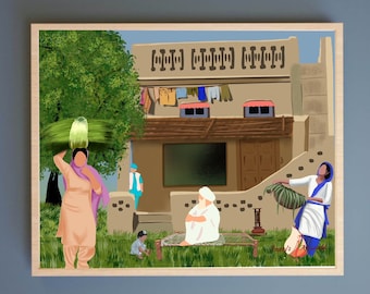 May include: A colorful illustration of a traditional house with a green roof and a brown door. There are people outside the house, including a woman carrying a bundle of green leaves on her head, a man in a blue turban, and a woman in a white turban. The illustration is framed in a light brown frame.