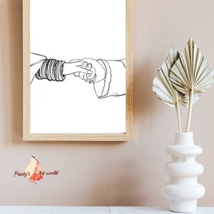 May include: A black and white line drawing of two hands holding each other. The hand on the left is wearing several bangles. The drawing is framed in a light wood frame.
