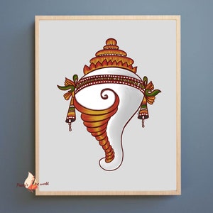 Shankh The Indian Conch Shell I Hindu Religion Puja Blowing Shankh Decor I Traditional Art Print I Shankha Design I Hindu Symbol Pooja Room