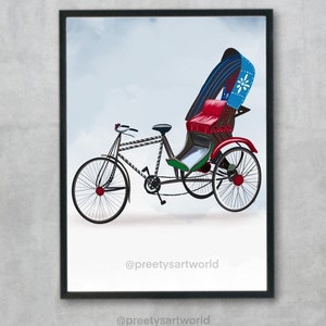 May include: A black and white illustration of a traditional Indian cycle rickshaw, also known as a  "cycle van" or "trishaw". The rickshaw is decorated with colorful details and has a blue canopy with a white star design. The illustration is framed in black and includes the text "@preetyartworld" at the bottom.