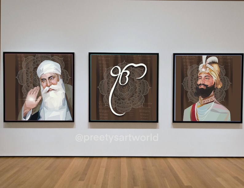 May include: Three framed art prints on a white wall. The left print features a portrait of a man with a white beard and turban. The middle print features a brown background with a white symbol. The right print features a portrait of a man with a turban and beard wearing a gold and white outfit.