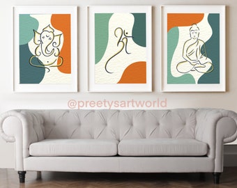 Set Of 3 Art Prints I  Ganesha ,OM , Buddha wall decor I Aesthetic room decor  I Minimalist Wall Art I Spiritual Wall art I Yoga Meditation