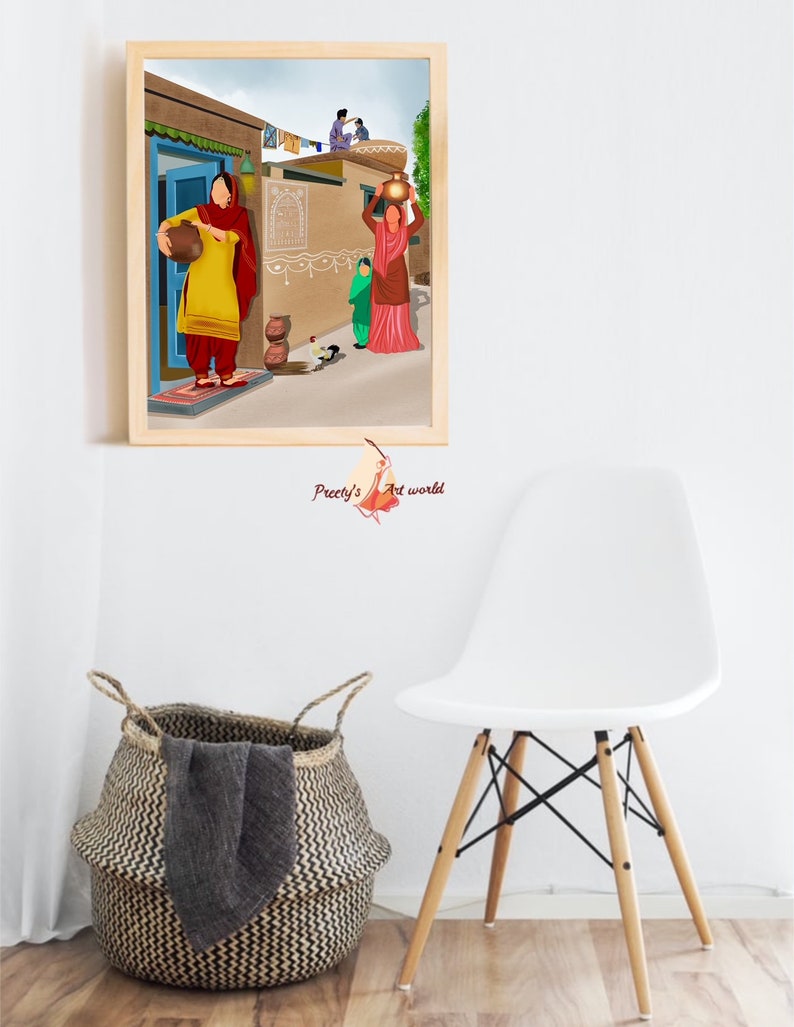 Puede incluir: Una ilustraci&oacute;n digital de una escena de pueblo tradicional indio. La ilustraci&oacute;n presenta un edificio de varios pisos con un techo plano, una mujer que lleva una olla en la cabeza y otra mujer que lleva una olla en la mano. La ilustraci&oacute;n est&aacute; enmarcada en un marco de madera.