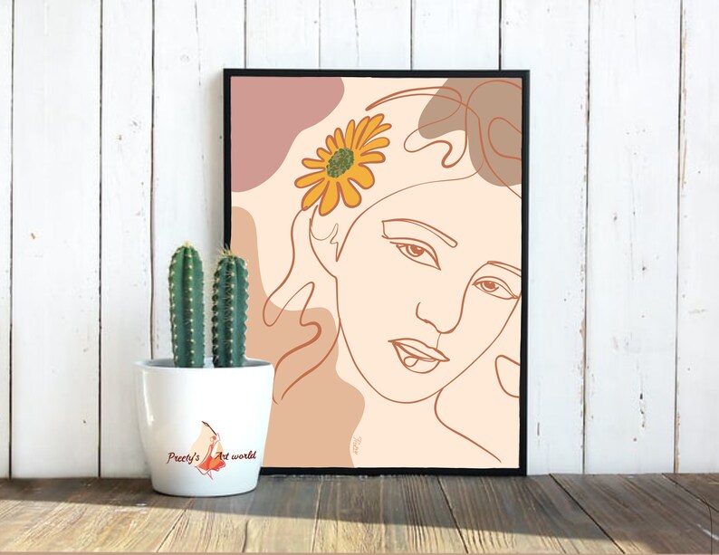 Women Line Art With Sunflower on Head Boho Art Poster Print I One Line ...