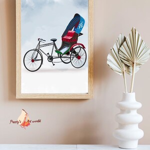 May include: A framed illustration of a colorful, three-wheeled bicycle rickshaw with a blue and red canopy. The rickshaw is on a white background with a light blue sky.