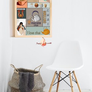 May include: A framed print featuring a collage of illustrations about chai, a popular Indian drink. The print includes a teapot, cups, and text that reads "Chai Addict", "May be chai is addicted to me", "Cutting Chai", "Masala Chai", and "I love chai". The print is on a light blue background with a wooden frame.