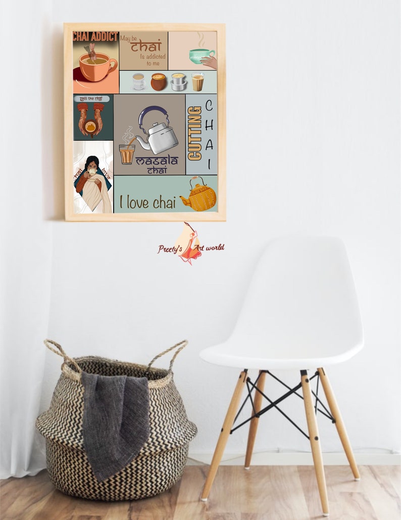 May include: A framed print featuring a collage of illustrations about chai, a popular Indian drink. The print includes a teapot, cups, and text that reads "Chai Addict", "May be chai is addicted to me", "Cutting Chai", "Masala Chai", and "I love chai". The print is on a light blue background with a wooden frame.