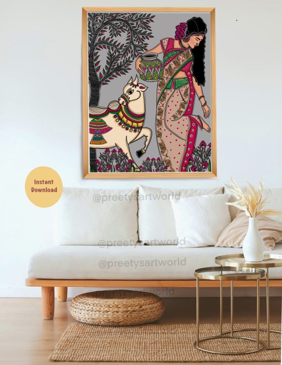 Madhubani Inspired Women Art | Indian traditional folk art| Indian Painting I Ethinic Women Art I Mithila Art I Home Wall Decor Artwork