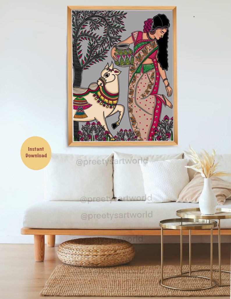 May include: A digital illustration of a woman in a pink and green sari holding a pot, walking with a white cow decorated with colorful patterns. The background is a gray color with a green tree.