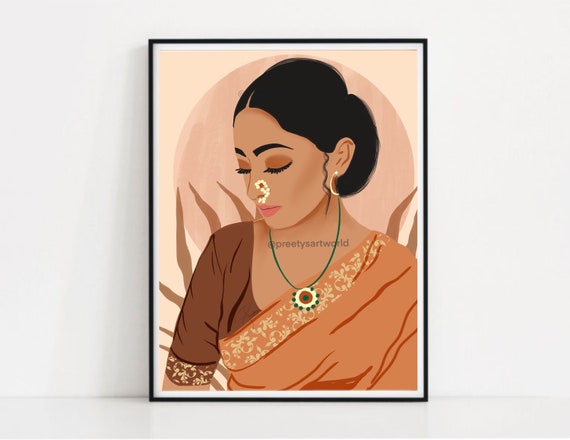 Indian Marathi Women In Saree Boho Desi Art Poster Print Wall Art  I Traditional Print I  Indian Wall Decor I