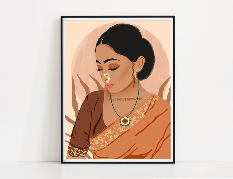 May include: A digital illustration of a woman wearing a traditional orange and brown sari with gold embroidery. She has dark hair and is wearing gold jewelry, including a nose ring and earrings. The background is a peach color with a large circle and stylized leaves.