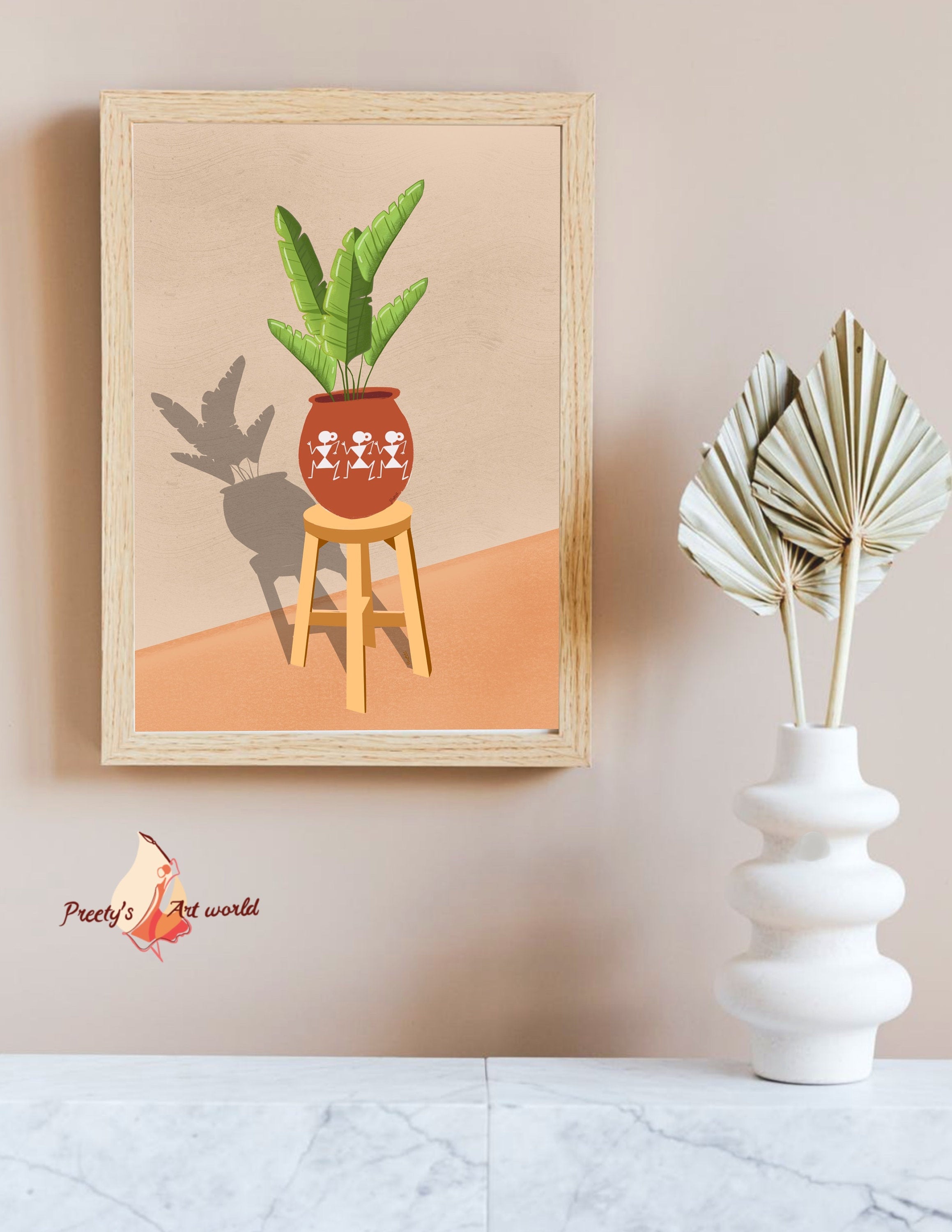 Tropical Banana Tree Plant Warli Pot Botanical Wall Art Indian