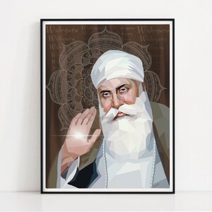 May include: A digital illustration of a Sikh man with a white turban and beard, wearing a white robe. The background is a brown mandala with the text "Waheguru" repeated in a white script.