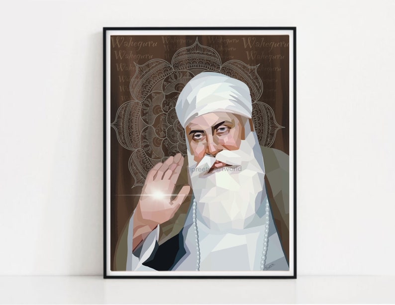 May include: A digital illustration of a Sikh man with a white turban and beard, wearing a white robe. The background is a brown mandala with the text "Waheguru" repeated in a white script.