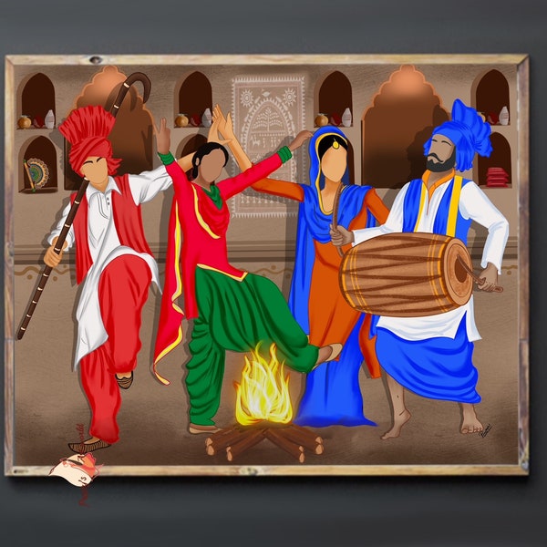 Punjabi Bhangra Gidda Dancer Art Illustration I Balle Balle I Sikh Punjabi Sardar I Lohri Baisakhi I Punjabi Playing Dhol I Folk Dance I