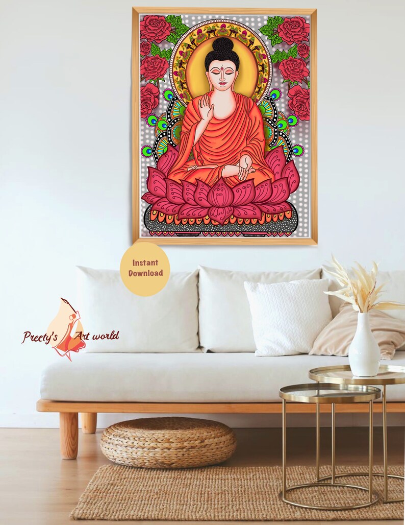 May include: A digital painting of Buddha sitting in a lotus position with a red robe and a halo. The background is a gray and white mandala with red roses and peacocks.