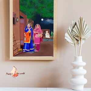 Punjabi Village Family Art Print I Indyjski etniczny wystrój domu I Tradycyjny indyjski wydruk ścienny I Sikh Family Printable Art Printable zdjęcie 5
