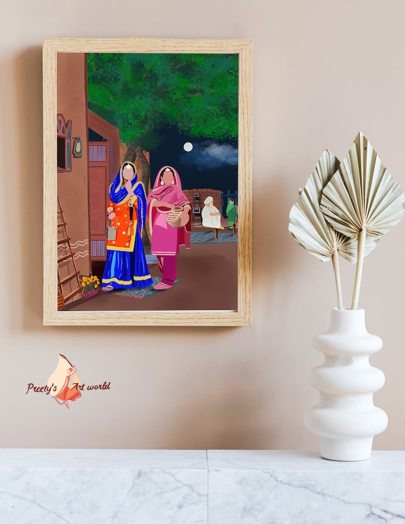 Punjabi Village Family Art Print I Indyjski etniczny wystrój domu I Tradycyjny indyjski wydruk ścienny I Sikh Family Printable Art Printable zdjęcie 5