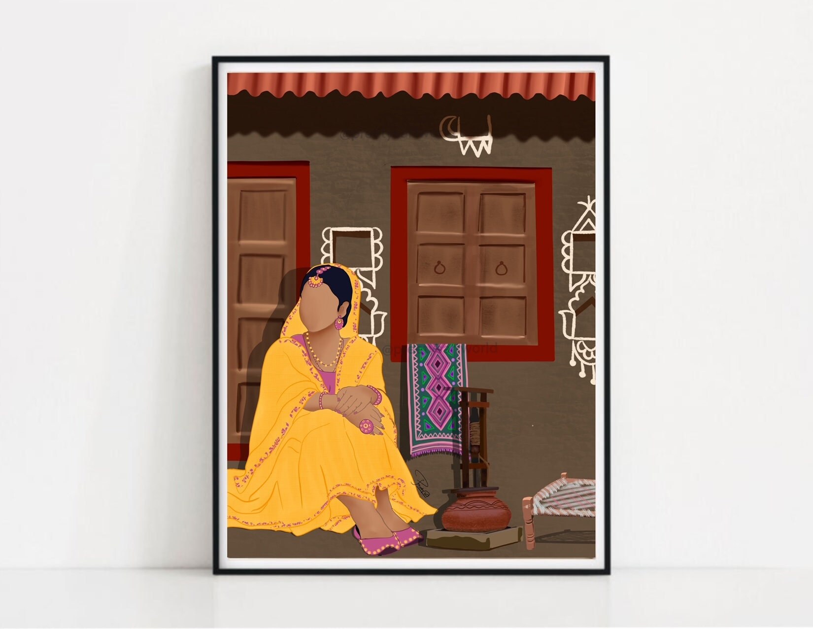 Punjabi Sikh Women Sitting by Door Art Print I Punjabi Culture Ethnic Home Décor I Traditional Indian Printable Sikh Wall Art I