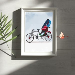 May include: A red and blue rickshaw with a white snowflake design on the canopy, pulled by a black bicycle with a red rim. The rickshaw is on a white background.